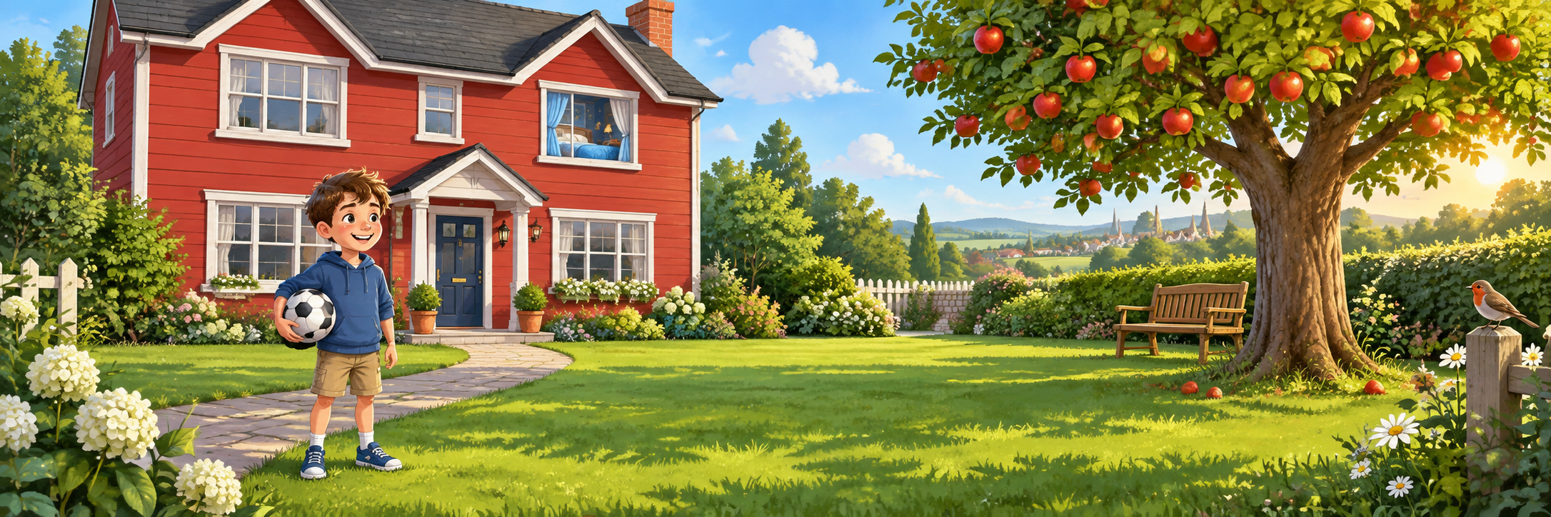 Ted, a young boy, outside his large red two-storey house with an upstairs bedroom window, a spacious green garden and an apple tree.
