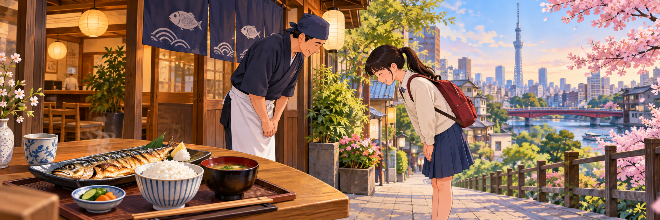 A welcoming everyday Japanese scene: two people bowing politely outside a small restaurant, fish and rice meal visible on a foreground table, Tokyo-inspired city background.
