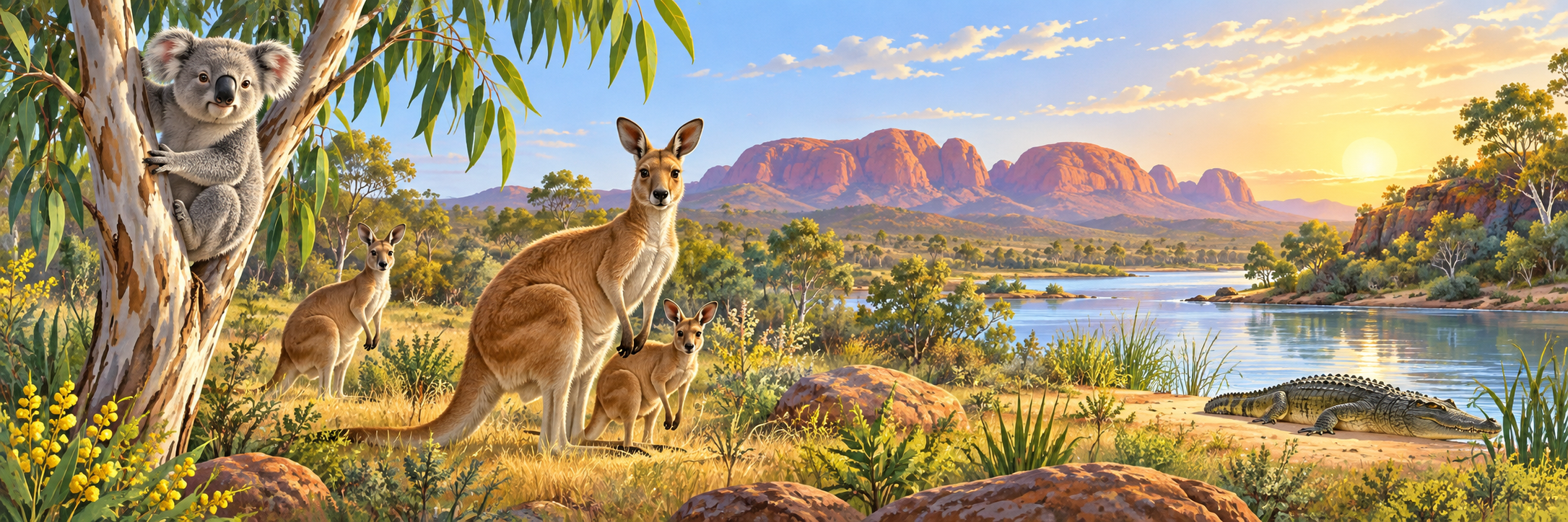 An Australian nature scene with kangaroos in a sunlit landscape, a koala in a eucalyptus tree and a crocodile beside a distant river, warm educational wildlife illustration.