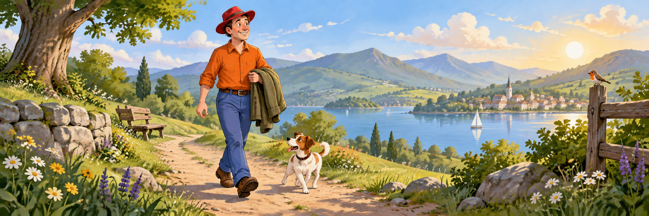 Frank outdoors wearing a red hat, blue trousers and an orange shirt, carrying a coat over one arm.