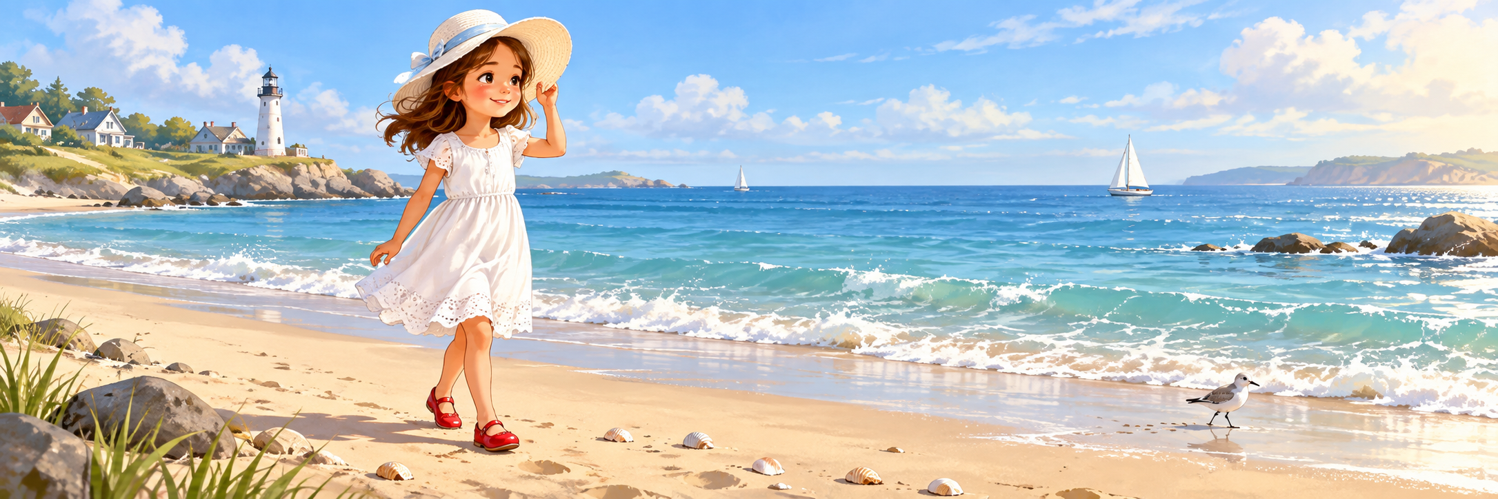 Hannah at the beach wearing a white dress, red shoes and a white sunhat, gentle blue sea and sand behind her.
