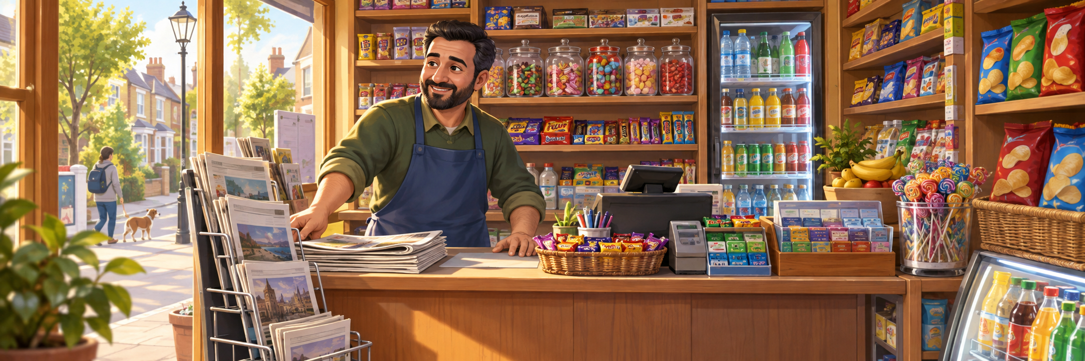 Amir, an adult shopkeeper, in his small neighbourhood shop, shelves of newspapers, candy, drinks and potato chips, warm morning light.