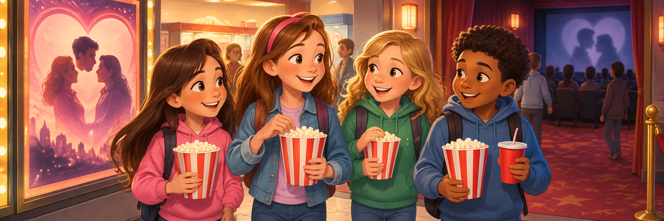 Janet smiling with friends at the cinema, holding popcorn, romantic movie poster represented by a heart motif without lettering.