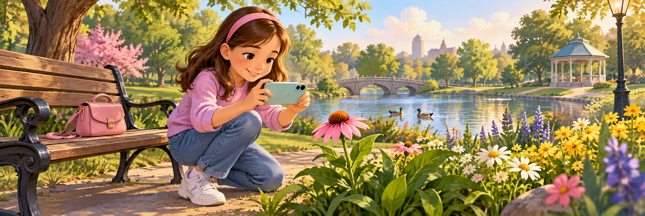 Jenny using her smartphone to photograph a flower in a park, her handbag beside her on a bench.
