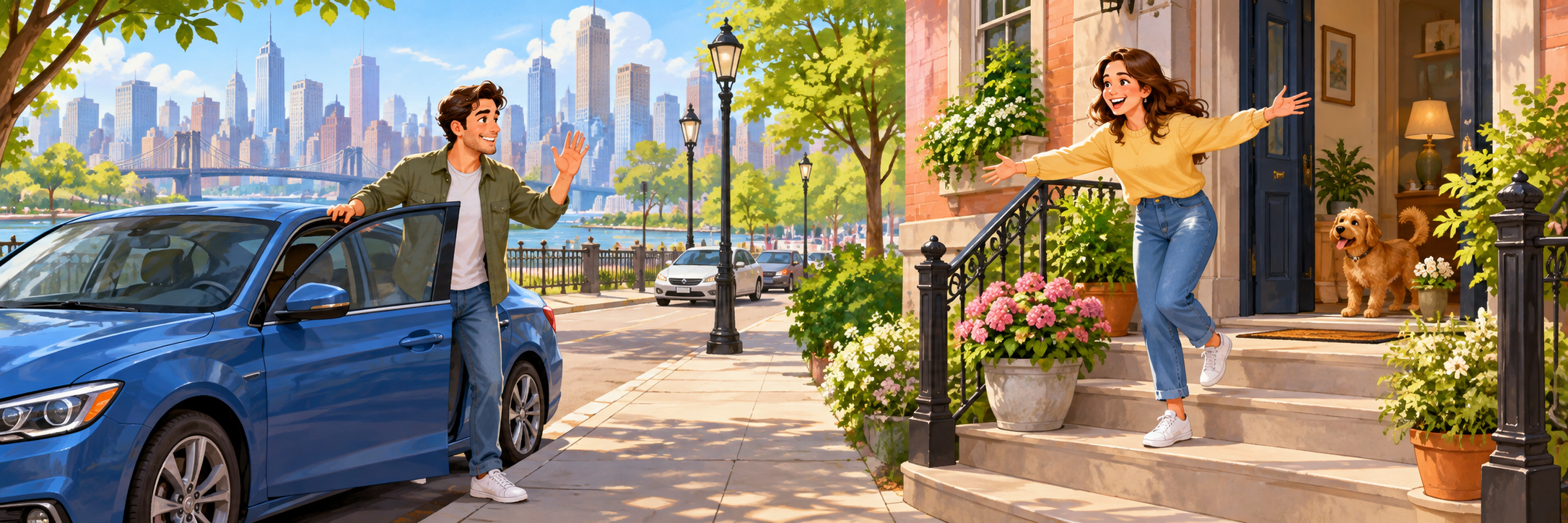 Tony arriving in his car to visit his sister in the city on a sunny weekend, sister greeting him by her home.