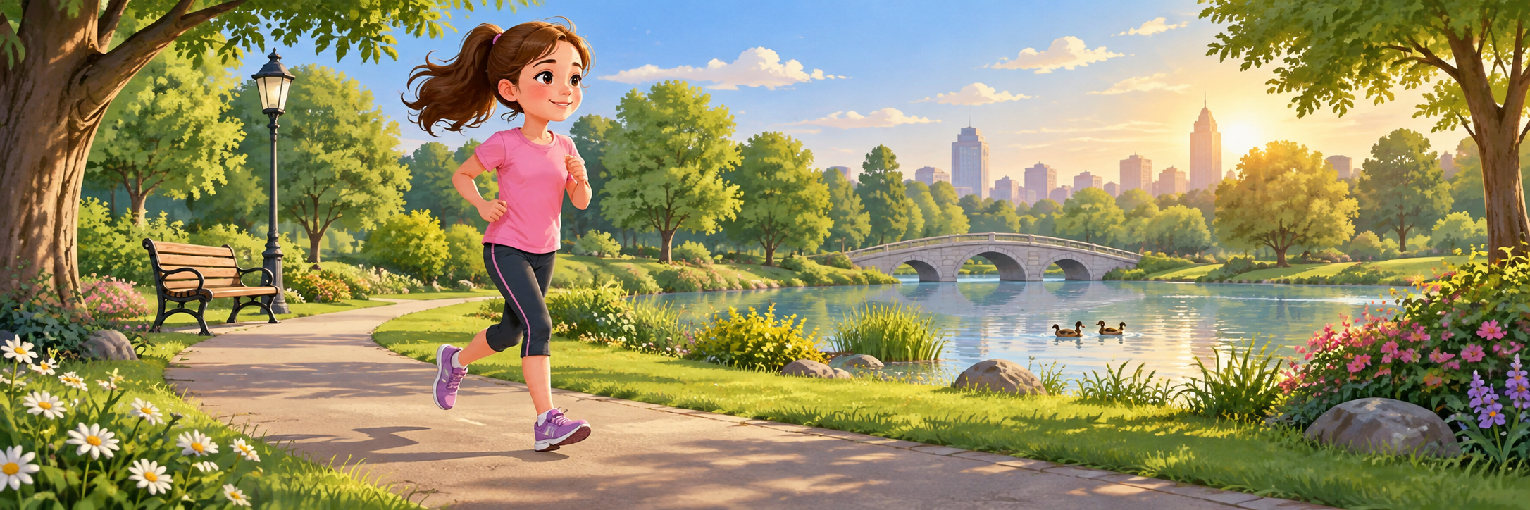 Tina jogging in a green park in the afternoon, wearing comfortable sports clothes, an energetic but relaxed scene.