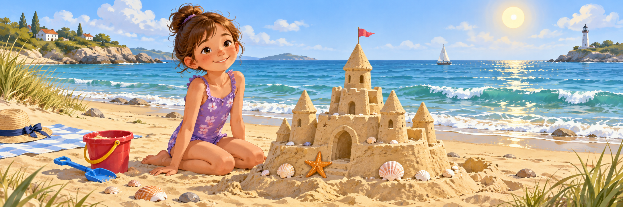 Laura at the beach beside the sandcastle she has built, wearing a modest swimsuit, calm sea and sunshine.