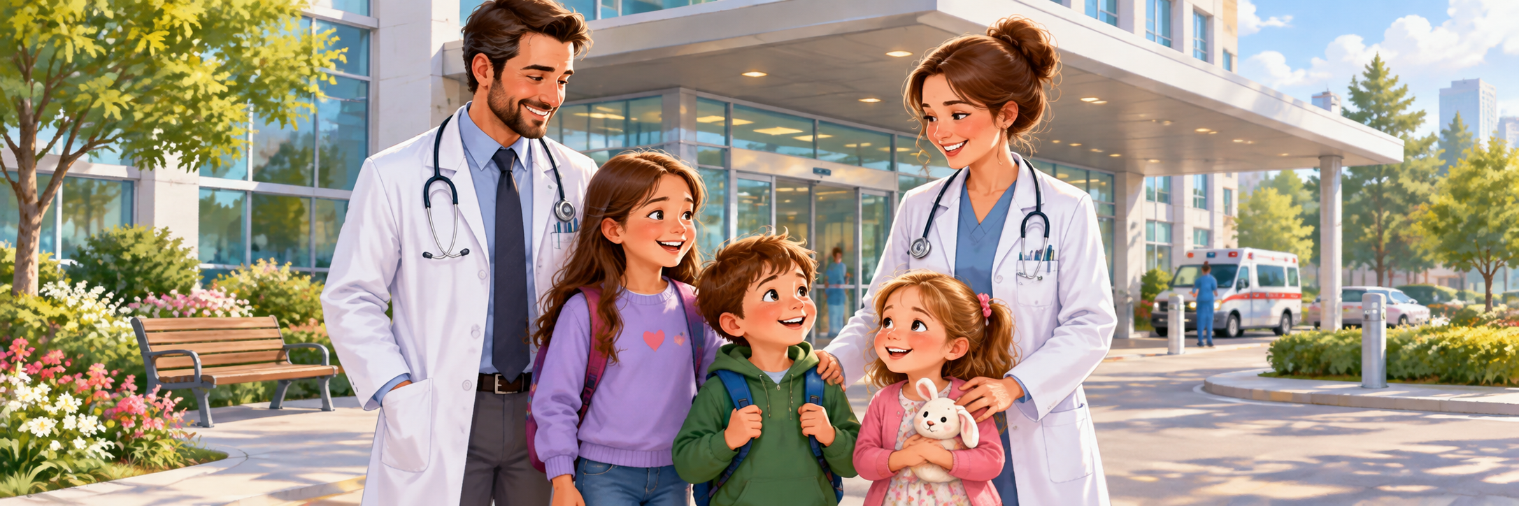 Six-year-old Joe with his older sister Jessie and younger sister Sue and their two parents, both doctors wearing white coats with stethoscopes, outside a hospital.