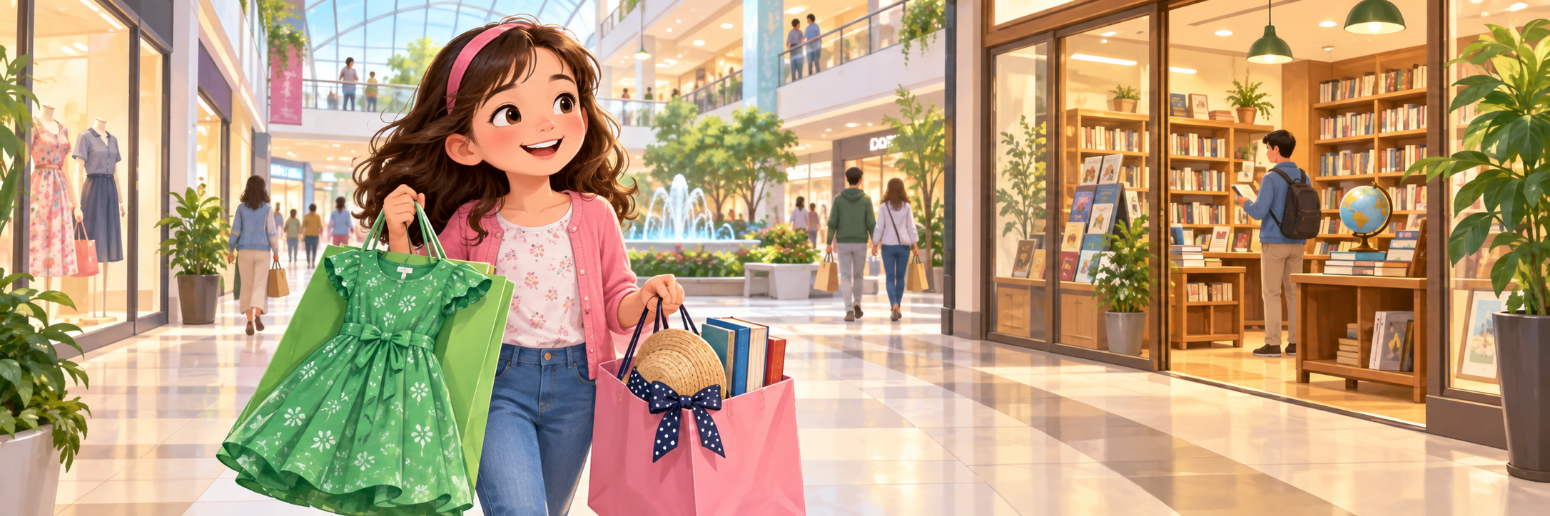 Cindy in a shopping mall carrying a new green dress, a hat and books in shopping bags, bookshop in the background.