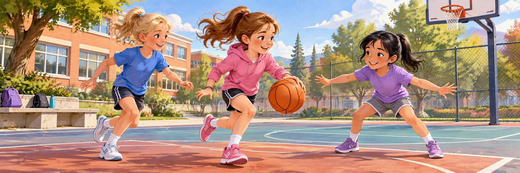 Sally and her friends Jenny and Sue playing basketball together on a pleasant school court, lively friendly scene.