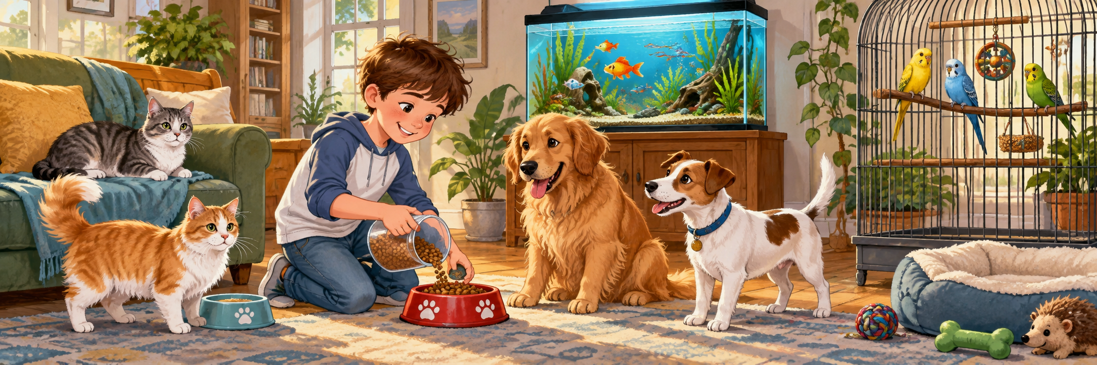 Harry caring for his pets at home: exactly two cats, two dogs, an aquarium with fish, and three birds in a spacious cage.