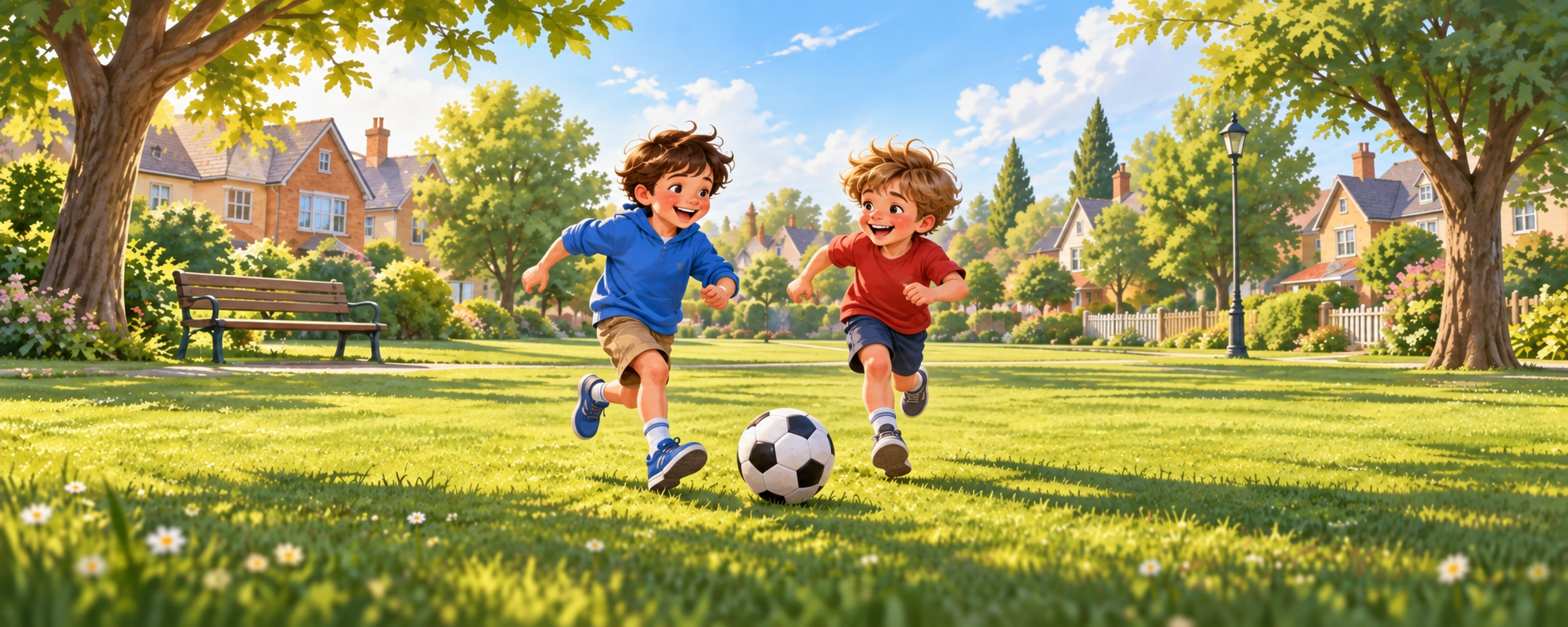 Tom and his young friend laughing and playing football together in a neighbourhood park, adjacent houses in the background.