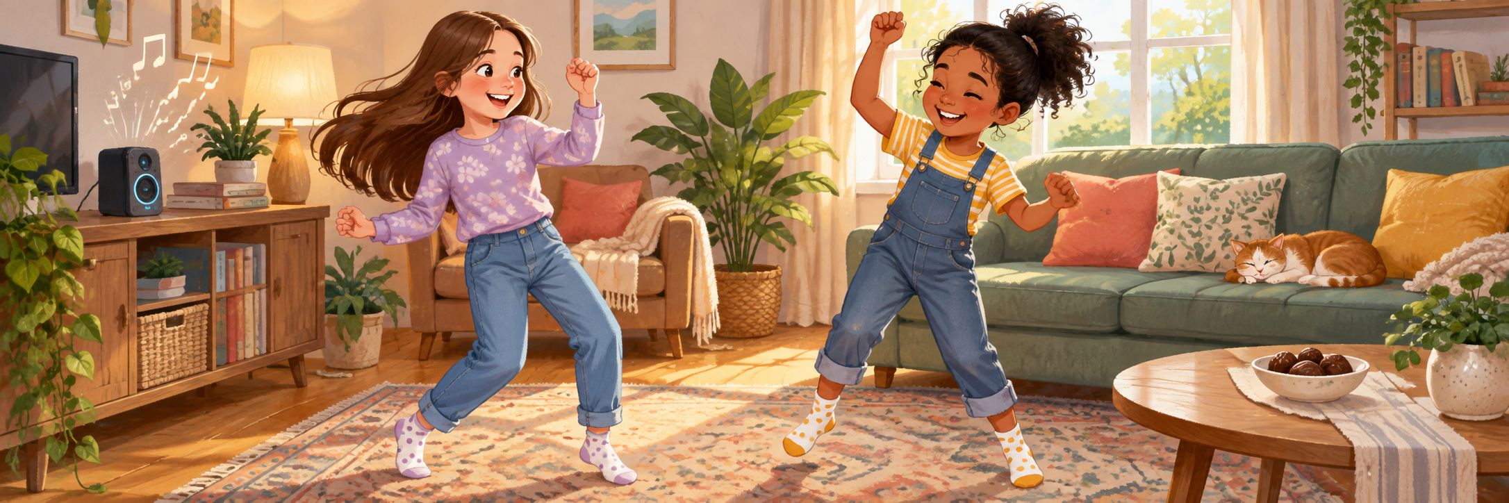 Jane, a girl with long brown hair, dancing happily to music with her friend in a living room, a small bowl of chocolates on a table.