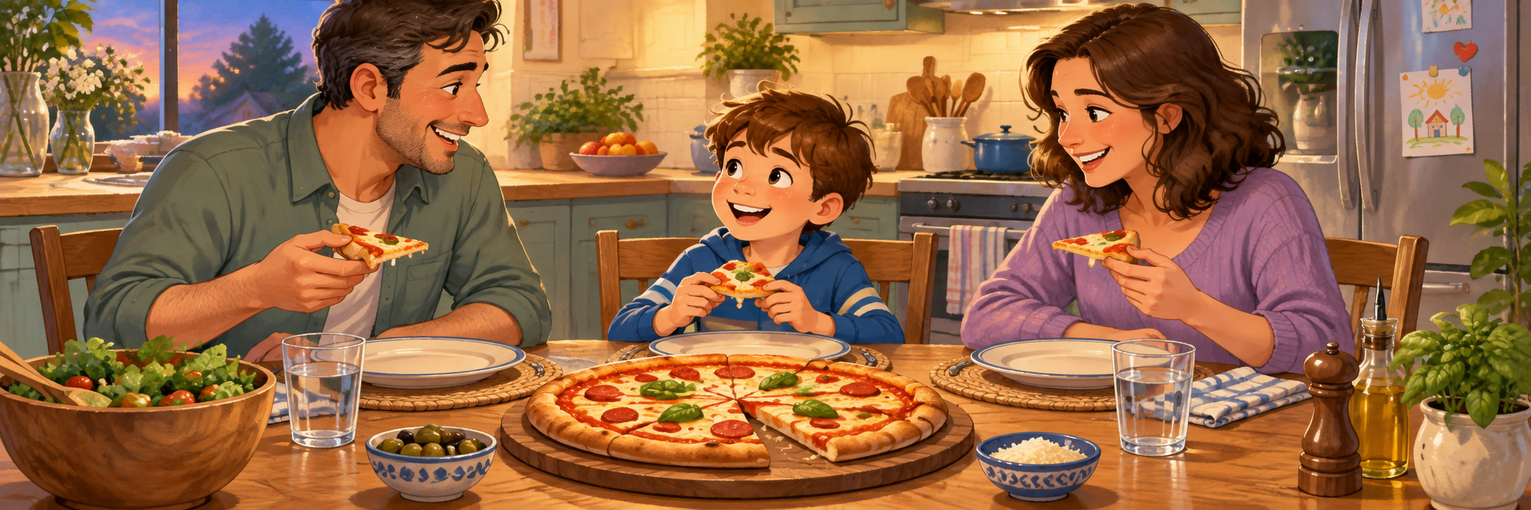 Tommy having family dinner with his parents, a freshly cooked pizza at the centre of a warm kitchen dining table.