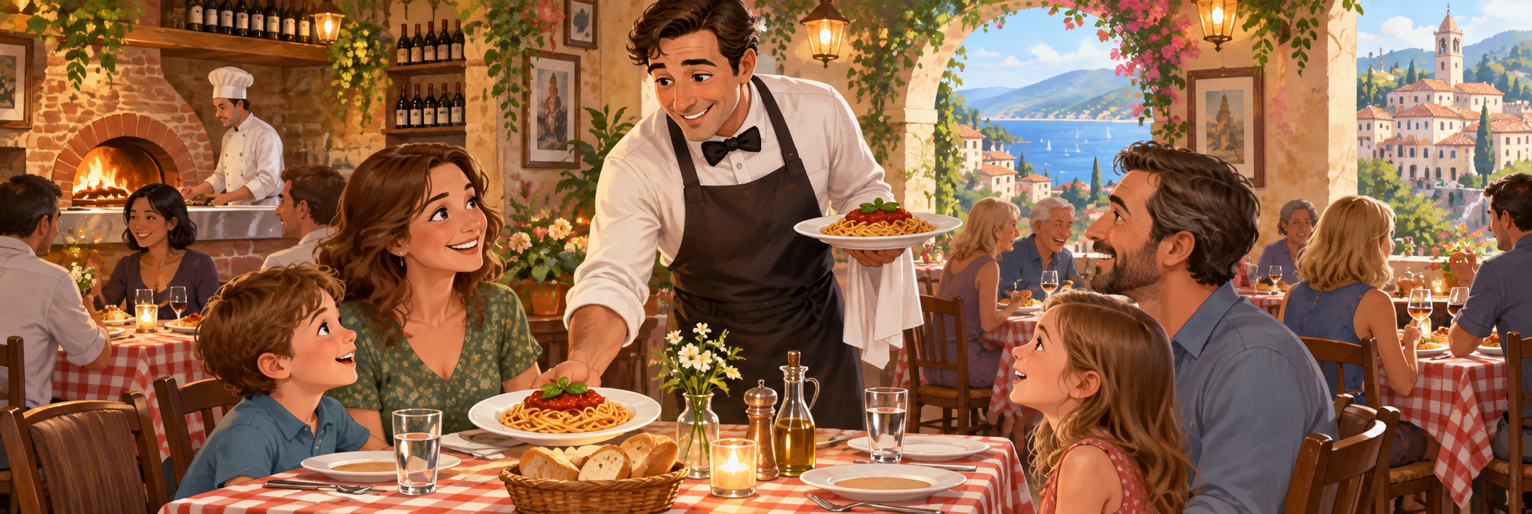 Bill, an adult waiter, warmly serving Italian pasta to guests in a busy welcoming Italian restaurant.
