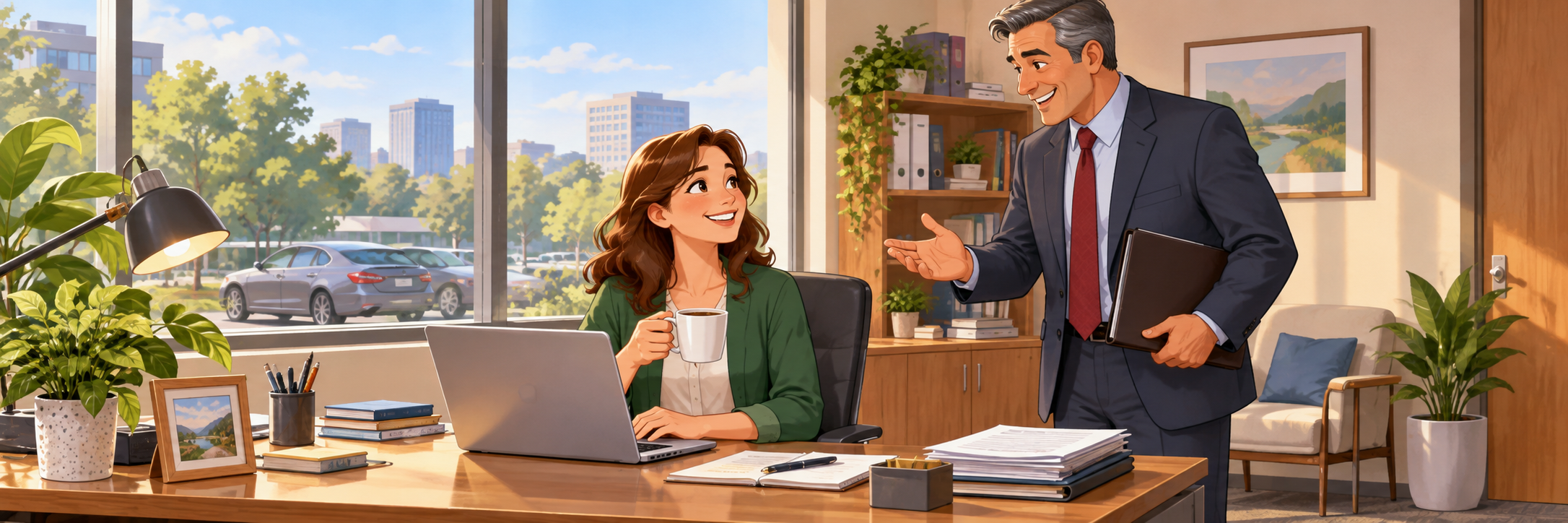 Sally, an adult office worker, at her desk with a cup of coffee, a friendly boss greeting her, car visible through an office window.